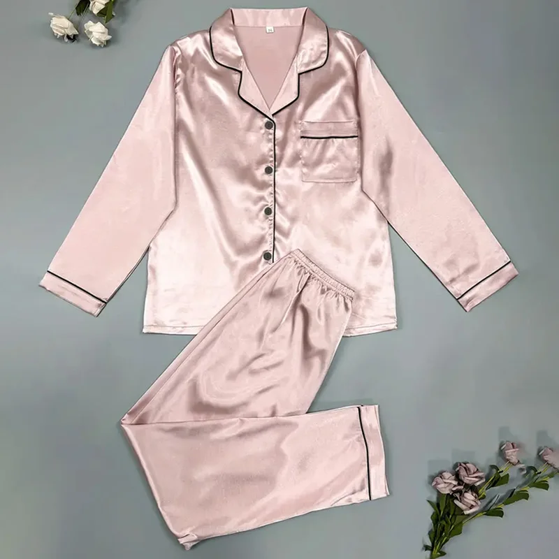 Luxuriöser Satin-Pyjama für Damen, Pyjama-Set, Umlegekragen, Knopfleiste, Oberteile und Hosen, Nachtwäsche und Loungewear für den Sommer, Heimkleidung, Anzug – Detail 7
