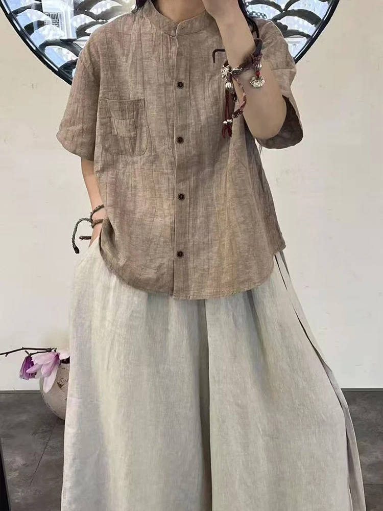 AmaxluluE 2025 été coréen vêtements femmes loisirs chemises en lin lâche Vintage couverture en coton dames classique luxe solide Blouses