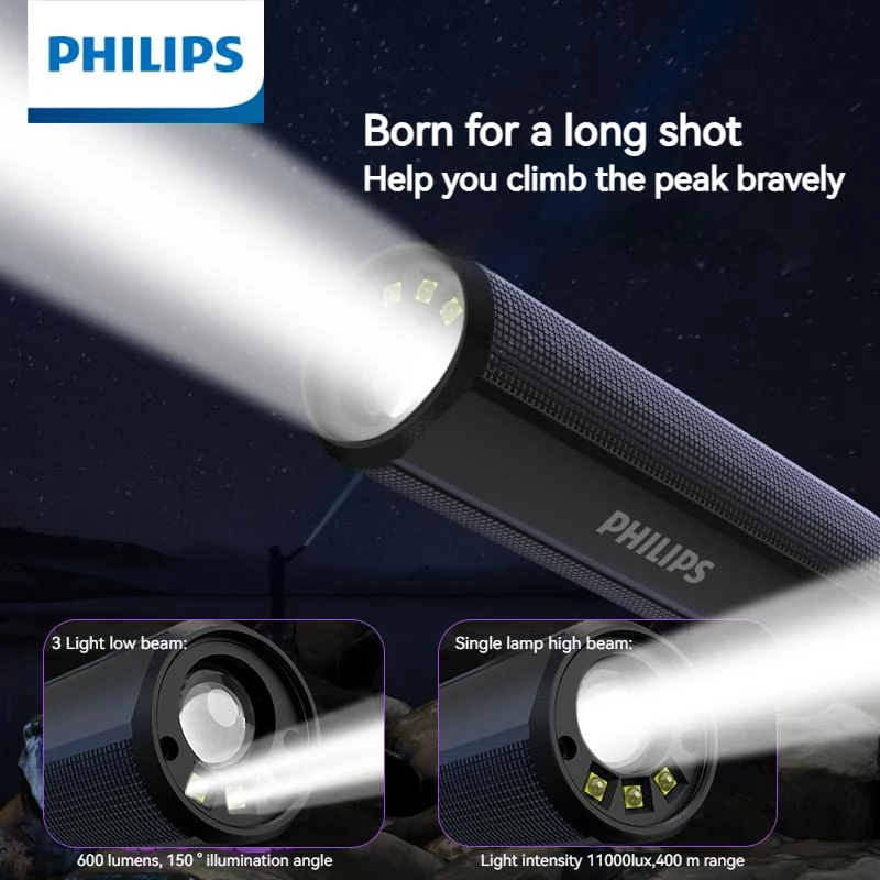 Philips Flashlight High Power with Type-C Charging 18650 Battery 4 Lighting Modes LED Flashlight Camping Light for Self Defense