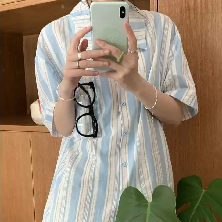 Shirts Striped Pockets Women Summer Baggy Streetwear Leisure Simple Retro Ulzzang All-Match Cozy Short Sleeve Chic Ins Trendy