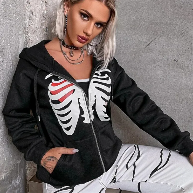 

2024 Women Vintage Y2K Slim Sweatshirts Graphics Skeleton Zip Up Hoodies 2000s Retro Grunge Mall Goth Jacket Autumn Black Coats