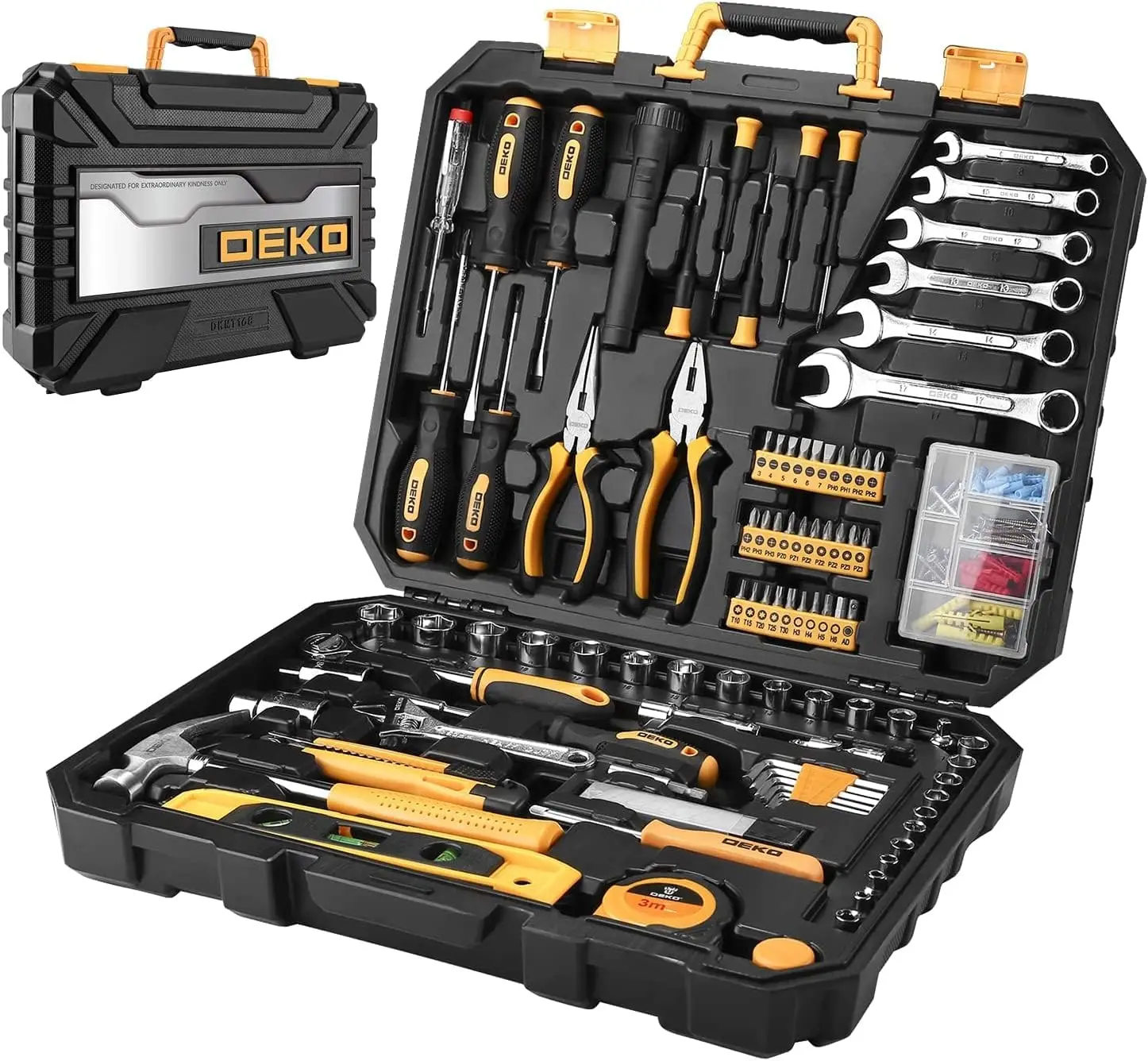 DEKO 208 Piece Tool Set,General Household Hand Tool Kit, Auto Repair Tool Box with Plastic Toolbox Storage Case