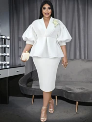 Ensemble deux pièces pour femmes, jupes crayon taille haute, péplum à col en V, costume de cocktail, soirée, bureau, blanc, 4XL