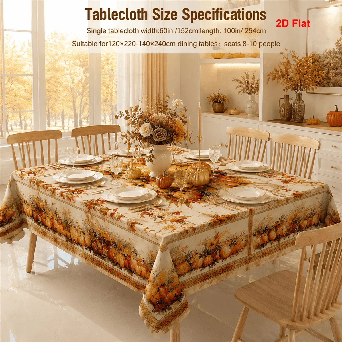 1 piece of 2D rectangular tablecloth, farmhouse style, autumn harvest, pumpkin, maple leaf printed tablecloth for kitchenxzj