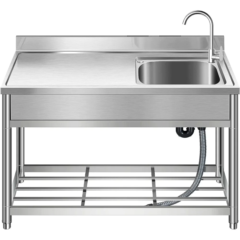 Free Standing Stainless-Steel Single Bowl, Commercial Restaurant Kitchen Sink Set w/Faucet & Drainboard