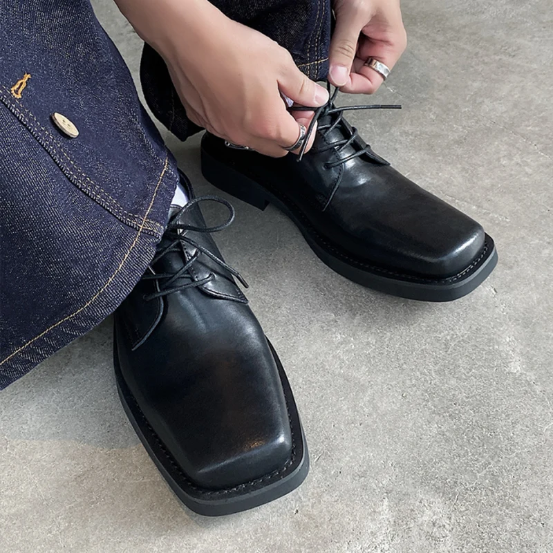 

Весенне-осенние новые кожаные туфли на шнуровке, мужские дышащие повседневные туфли дерби с квадратным носком, черные нишевые модельные туфли в британском стиле