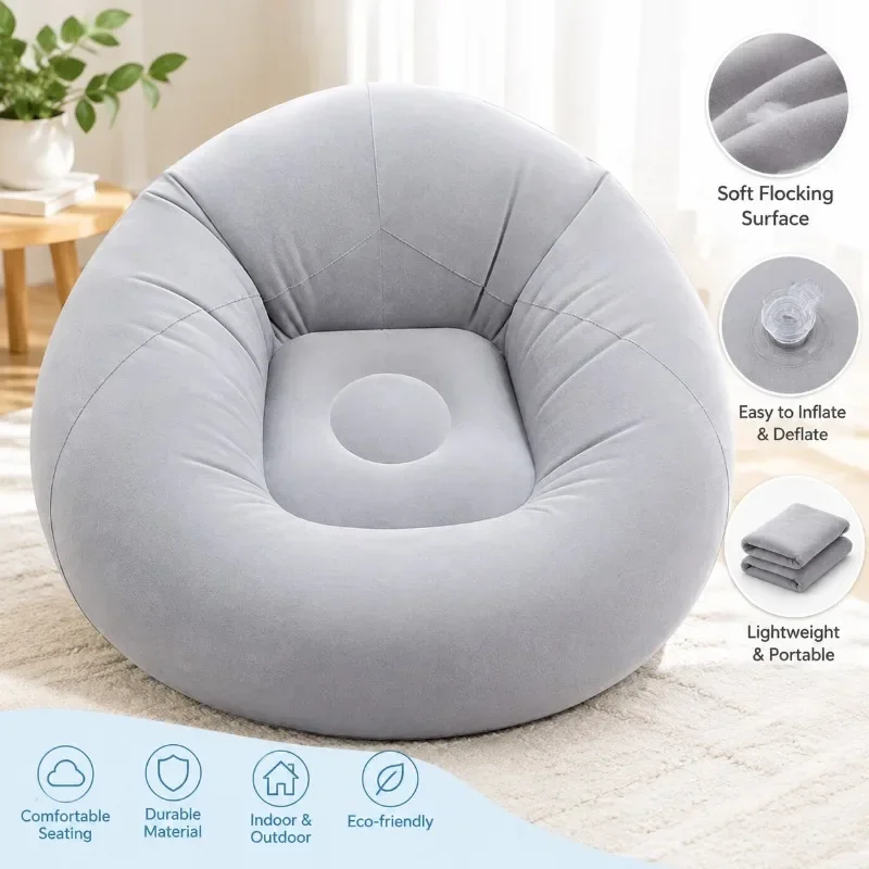 Inflatable Lazy Sofa Flocking Portable Foldable Air Lounge Chair Round Bean Bag for Indoor Outdoor Camping Bedroom Comfortable