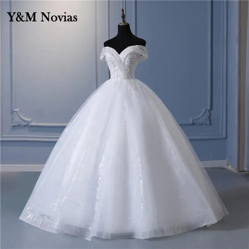 Y & m Novias-Robes de mariée en dentelle ivoire blanc cassé scintillant, robe de Rhperlée, pas cher, les patients initiés, manches courtes, grande taille