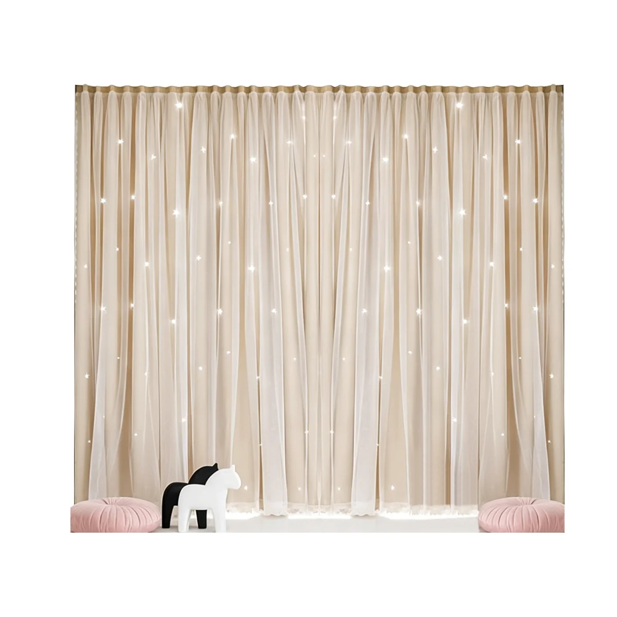 Beige Double‑Layer Hollow Star Magic Tape Curtains 2pcs, Self‑Adhesive Light Filtering Drapes for Bedroom Living Room