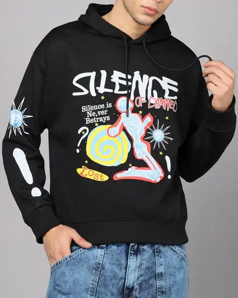 Men Front Chest Print Hoodie Skeleton Graffiti Letter Graphic Pullover Hooded Sweatshirt Streetwear Long Sleeve Tops