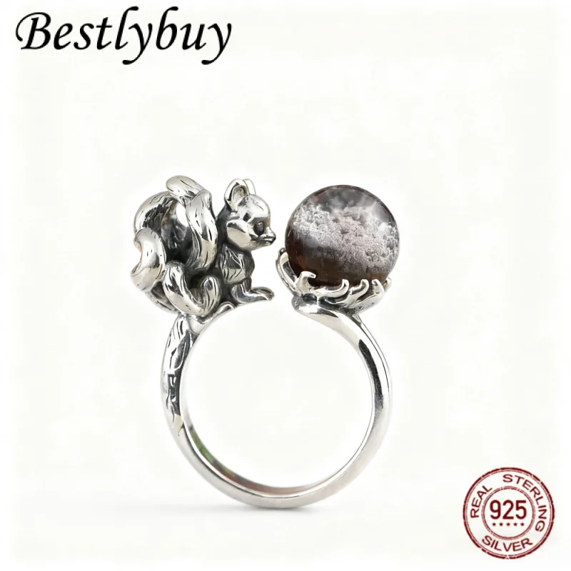 

New retro S925 silver inlaid natural crystal ghost treasure pot charm 3D fox pendant/ring for women