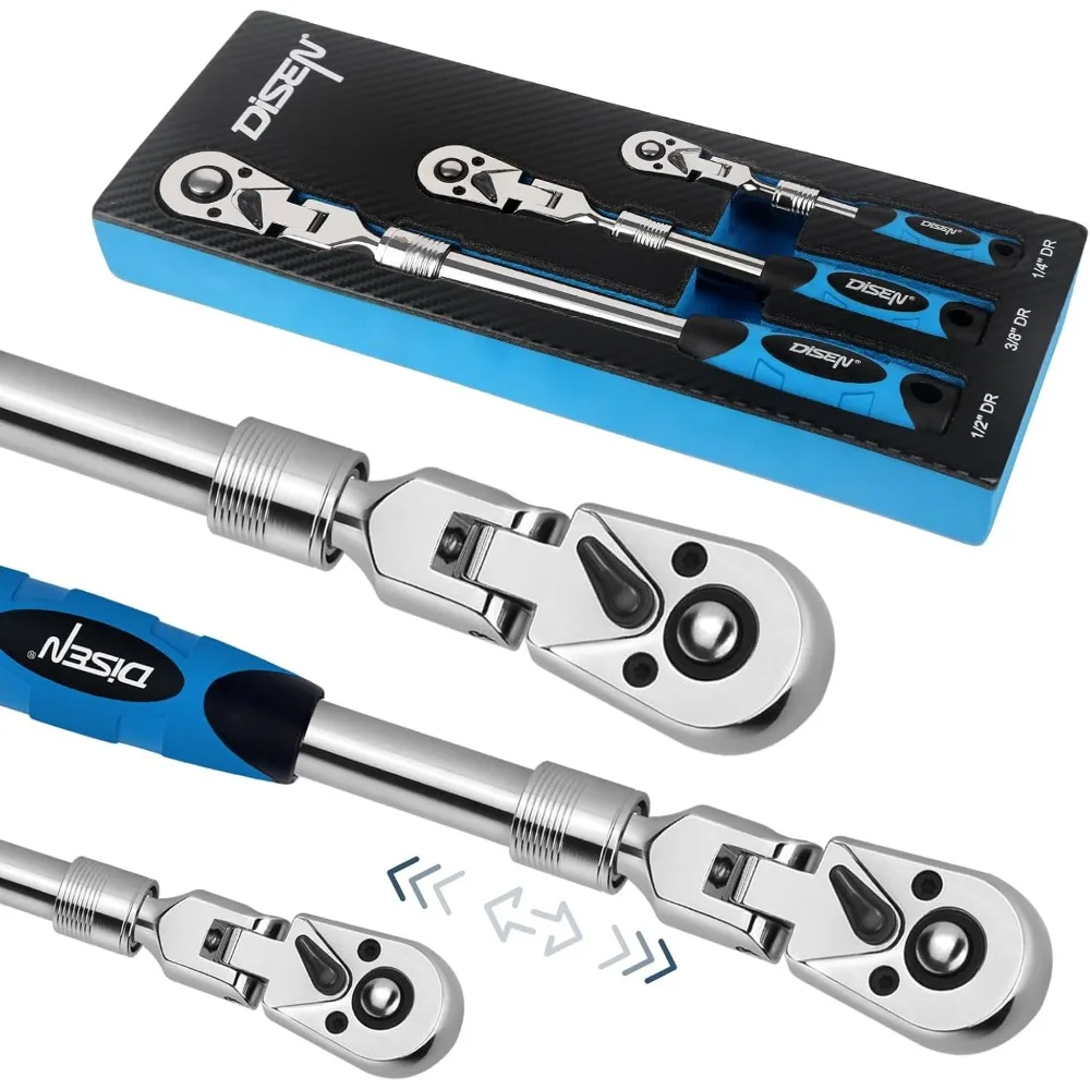 

3-Piece Extendable Flex-Head Ratchet Wrench Set with EVA Storage Case - 1/4", 3/8", 1/2" Drive, 72-Tooth, Rubber Grip