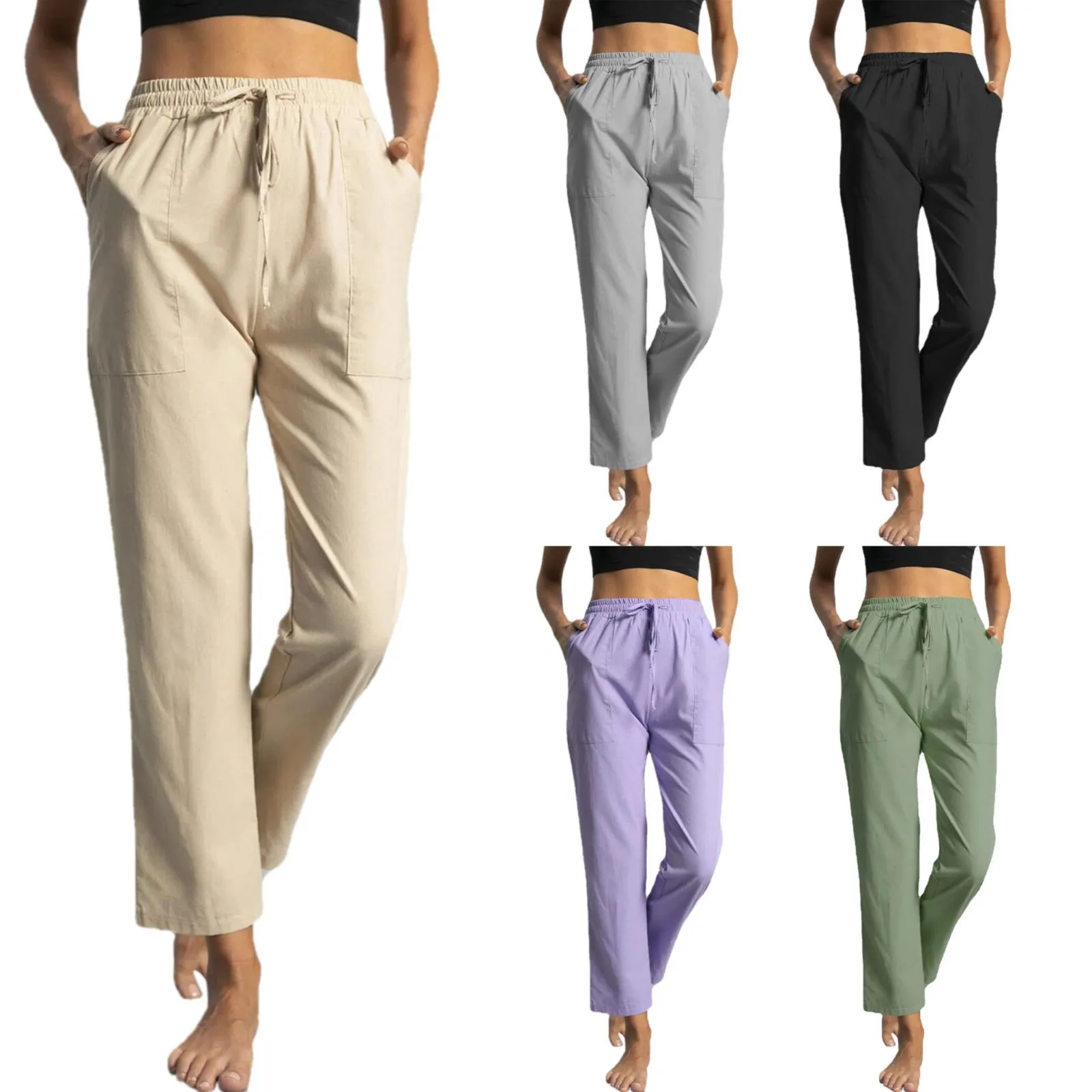 Solid Color Straight Pants Womens Elastic Drawstring Trousers High Waist Wide Leg Sweatpant With Pockets Pant Trendy Pantalone