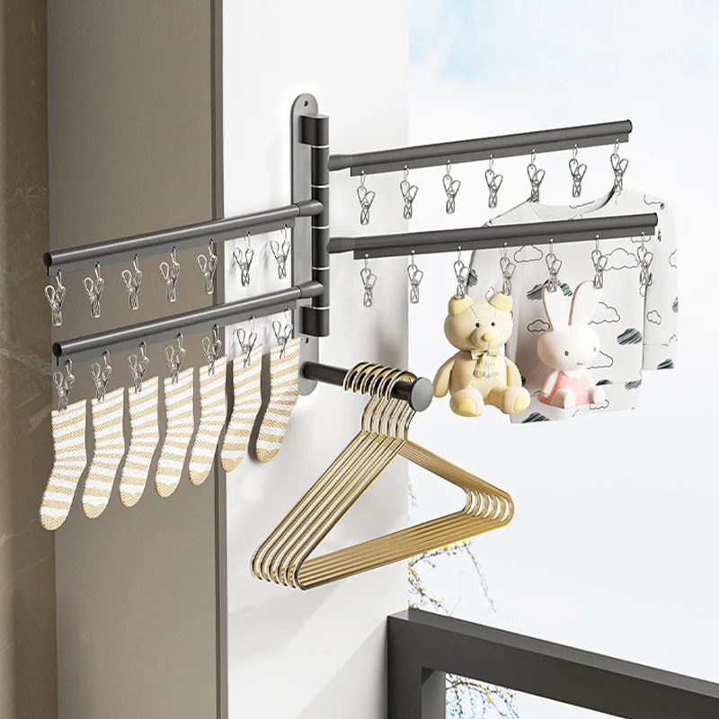 Balcony Socks Drying Rack Folding Clothes Drying Rack Multifunctional Perforated Wall Shelf Underwear Sock Holder With Clips