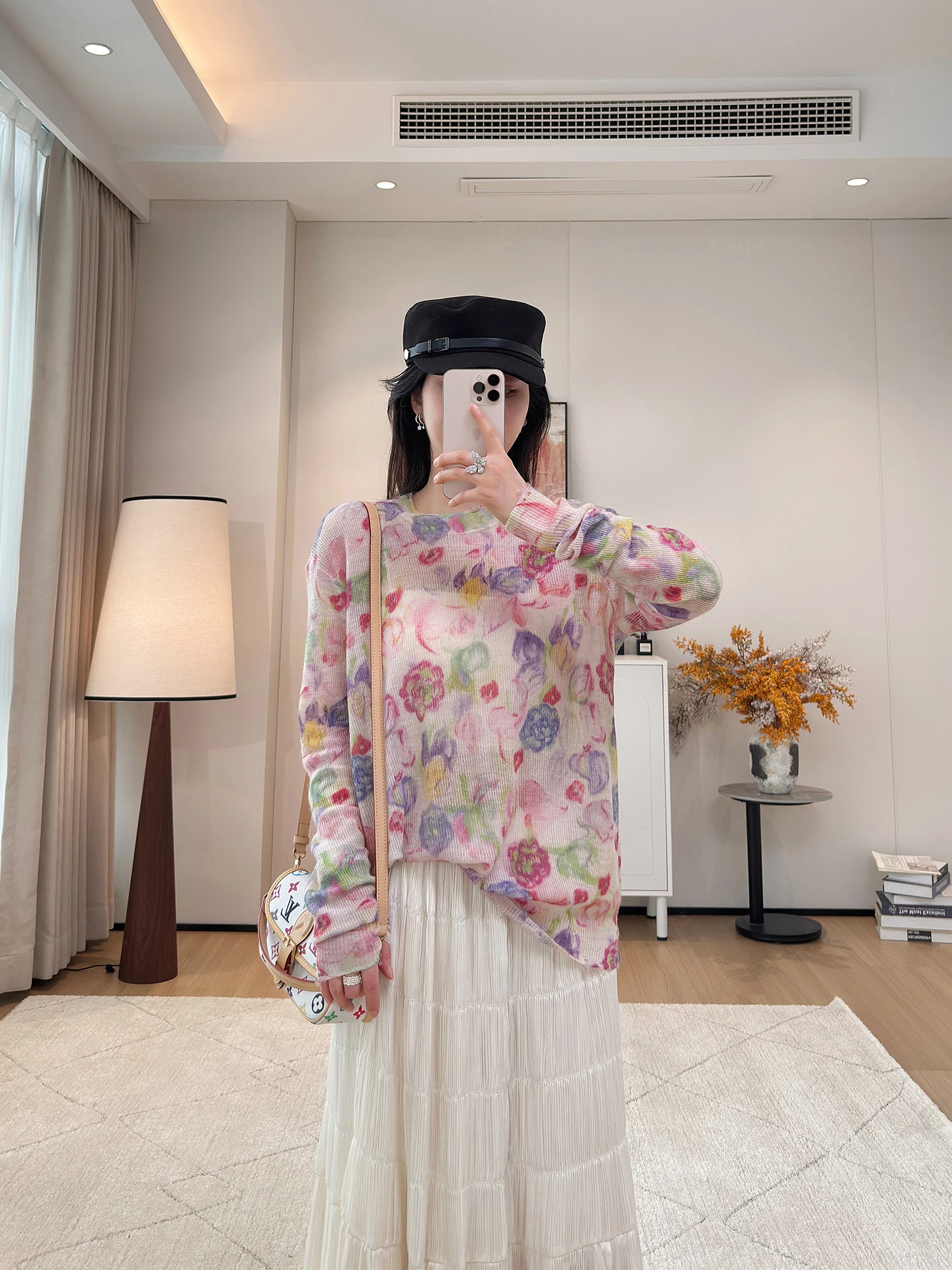 

Ретро-свитер с цветочным принтом, длинными рукавами, из кашемира, вязаный, женский, свободного кроя, в стиле lazy style, стройнящий, шерстяной топ, повседневный модный трикотаж