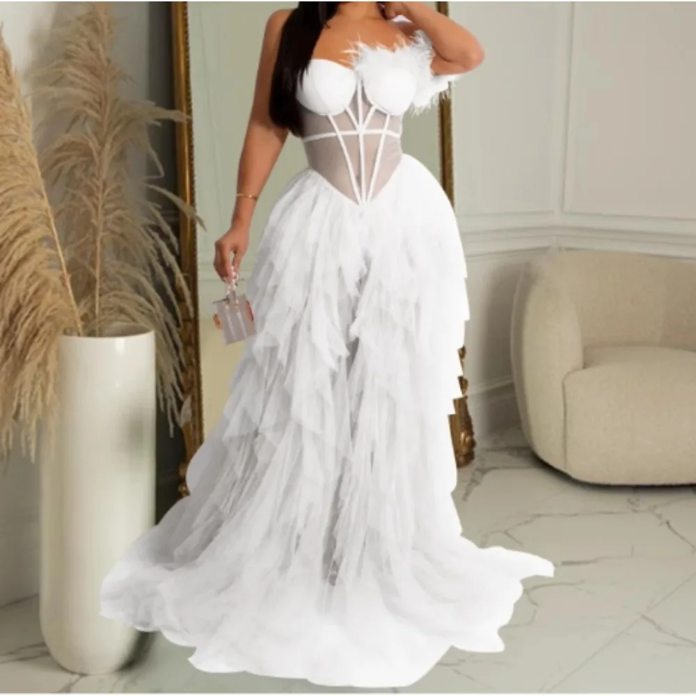 Sexy transparente de malla con volantes sin tirantes, sin mangas, elegante, a la moda, vestido de baile ajustado, vestidos largos, ropa de calle de noche francesa