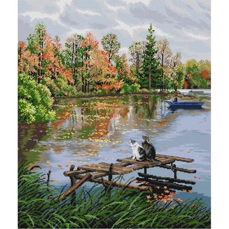 Two kittens by the river Scenery Pattern Cross Stitch Aida 14CT 16CT 11CT Counted Printed Fabric Needle Thread Embroidery Kits