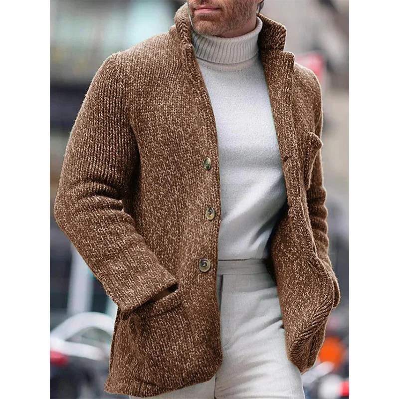 Cardigan lavorato a maglia da uomo a maniche lunghe caldo autunno inverno 2024 nuovo collo in piedi tasca moda Cardigan cappotto Casual maglione da