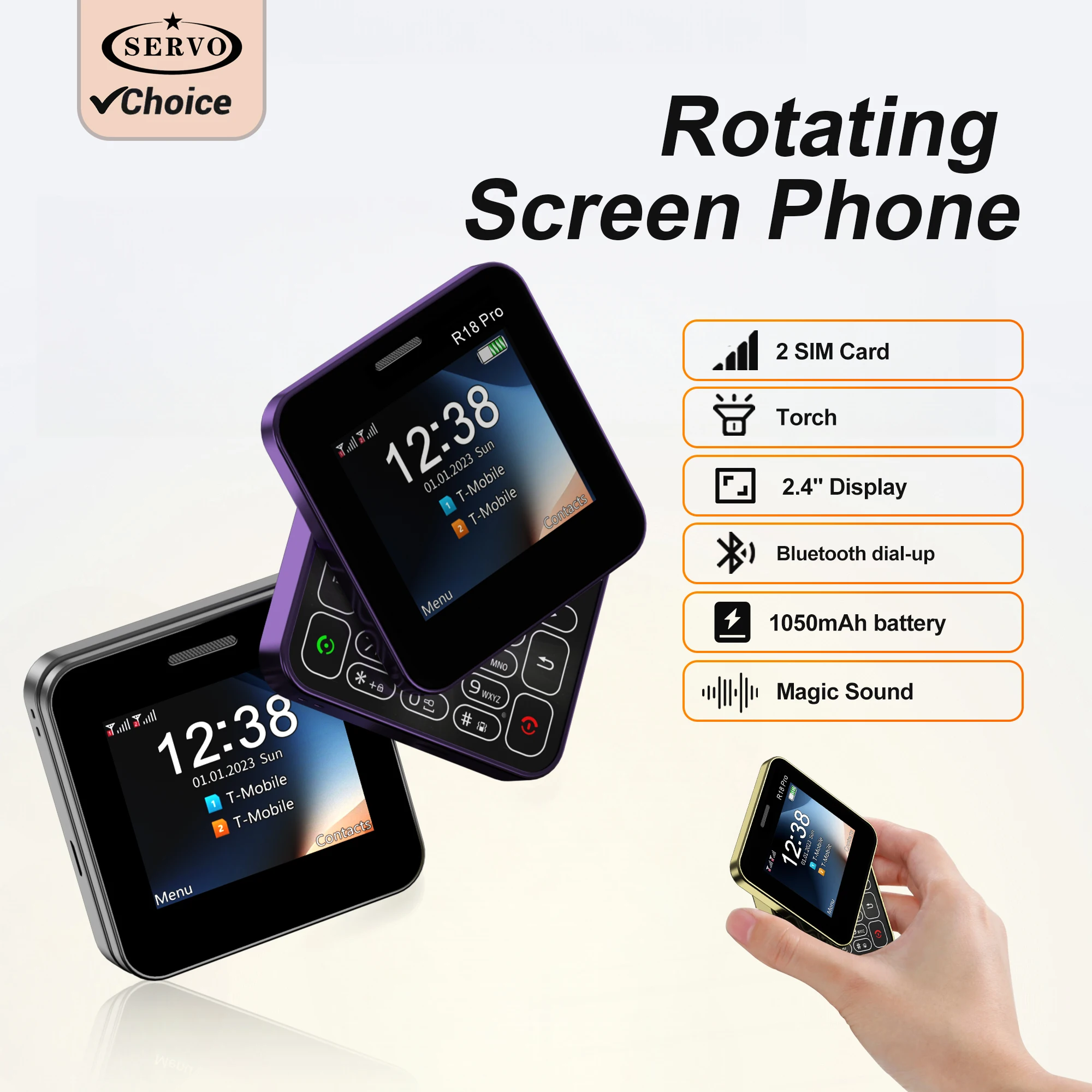 SERVO R18 Pro Rotating Screen Mini Mobile Phone 2 SIM Speed Dial Blacklist Magic Voice Torch 2.4
