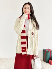 SENTUBILA Embroidery Knit Wool Cardigans for Women Loose Casual V Neck Long Sleeve Red Sweater 2024 Winter Clothes W44E57640