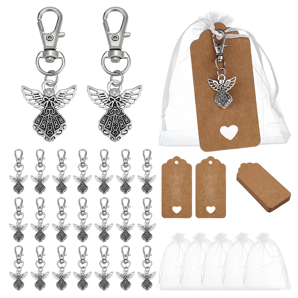 

Style Alloy Angel Keychains with Kraft Paper Price Tags Organza Bags Silver 60mm