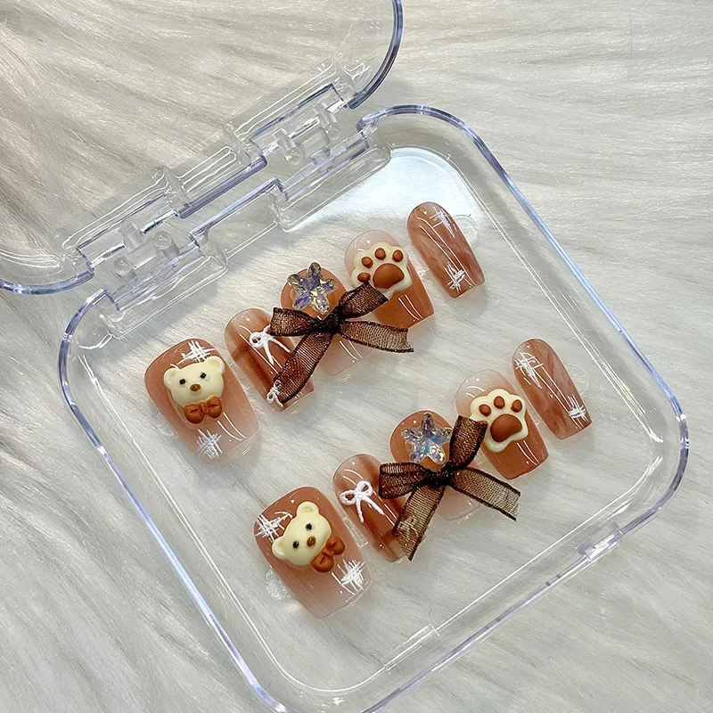 

10PCS Sweet Cool Cat Paw Press on Nails Oval with Bow Design Cute Cartoon Style False Nails Handmade Reusable for Women Girls
