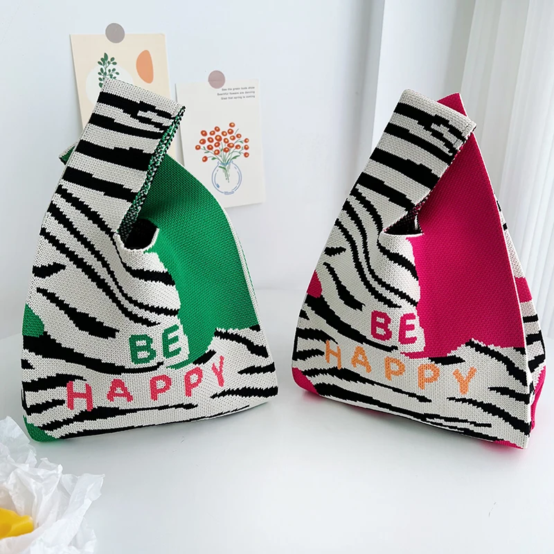 Japanese Zebra Striped Handbag Multi Color Knitted Bag Korean Textured Knitted Handheld Vest Bag Student Portable Shopping Bag