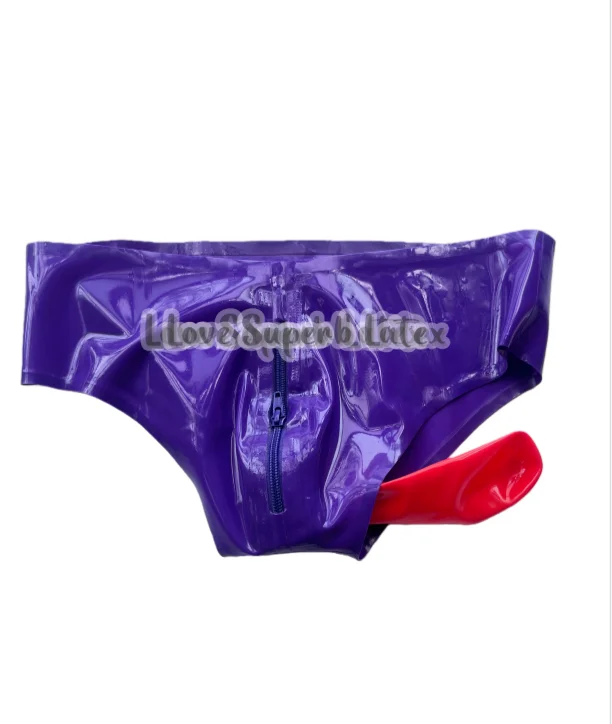Sexy Mens Latex Briefs Fetish Rubber Underwear with Front Zipper and Anus Penis Condom  Halloween view 4