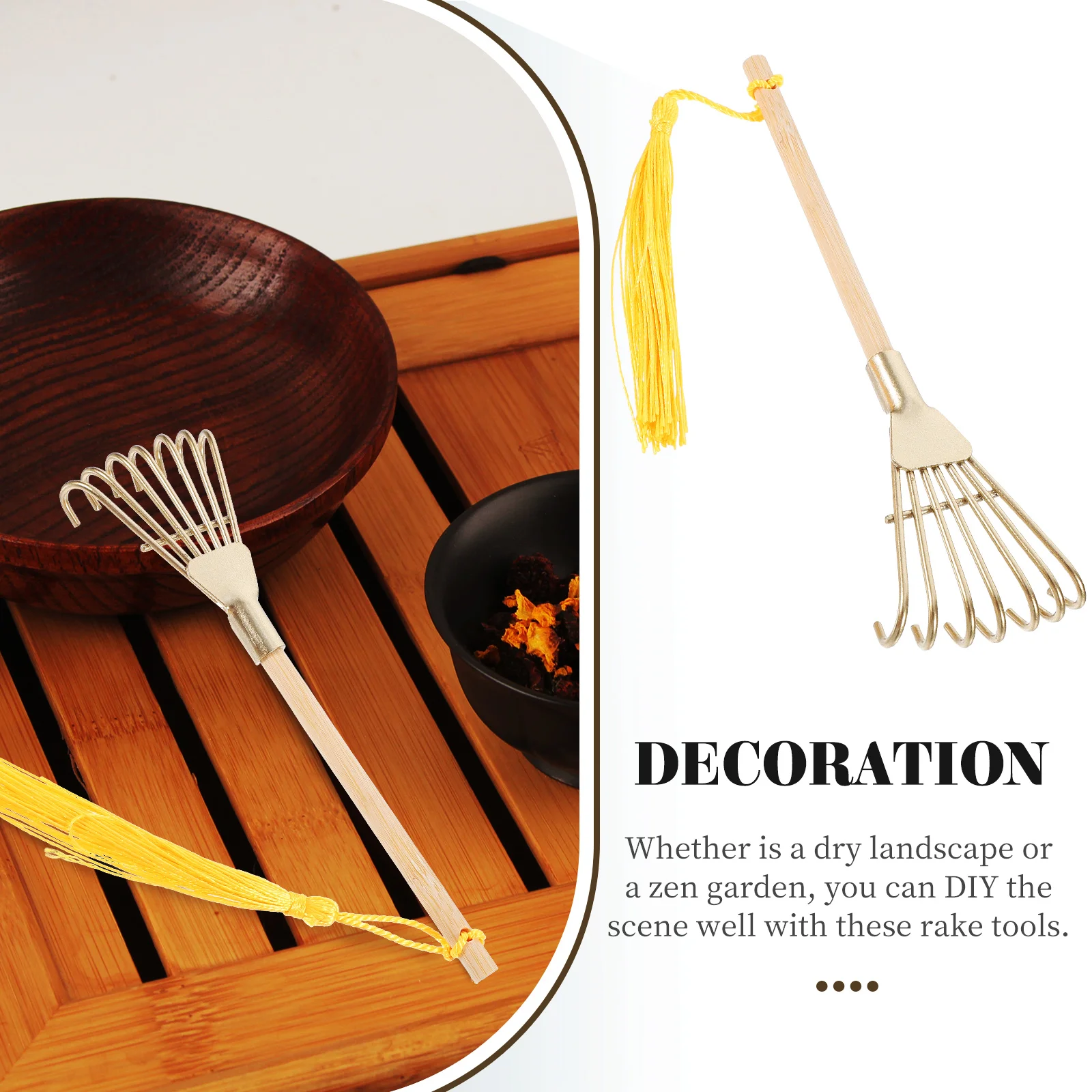 5 個の装飾品ゴールデンアイアンレーキ装飾オーナメント小さな金属デスクトップミニミニチュアレーキ花壇用ガーデン