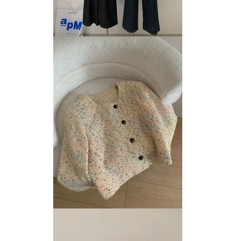 Kolorowy płaszcz w stylu retro dla kobiet na jesień, luksusowy, luźny, uniwersalny krótki tweedowy top w stylu zagranicznym.