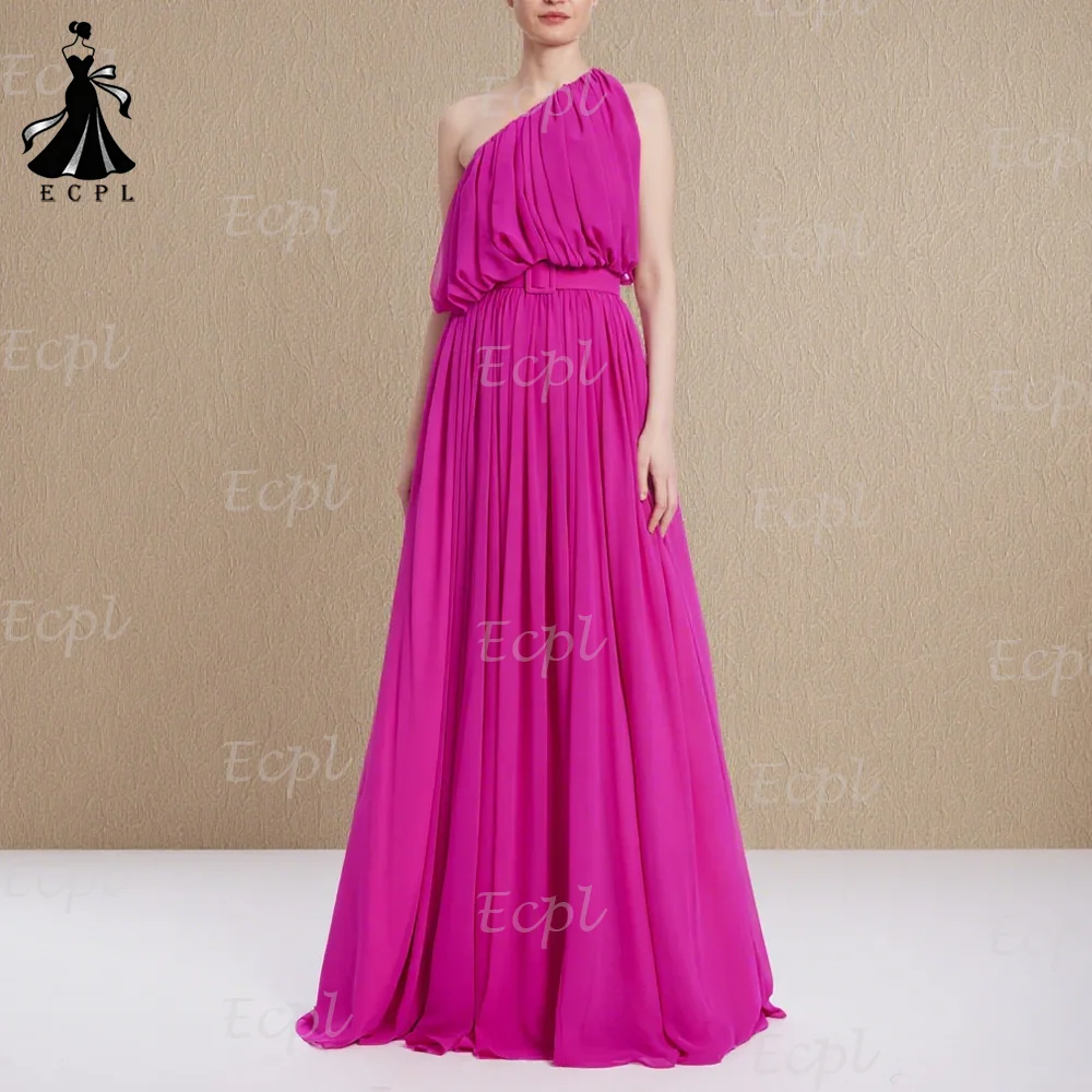 

Ecpl One Shoulder Chiffon Prom Dresses Sexy Backless Sleeveless Evening Party Gown With Belt A-Line vestidos de fiesta elegantes