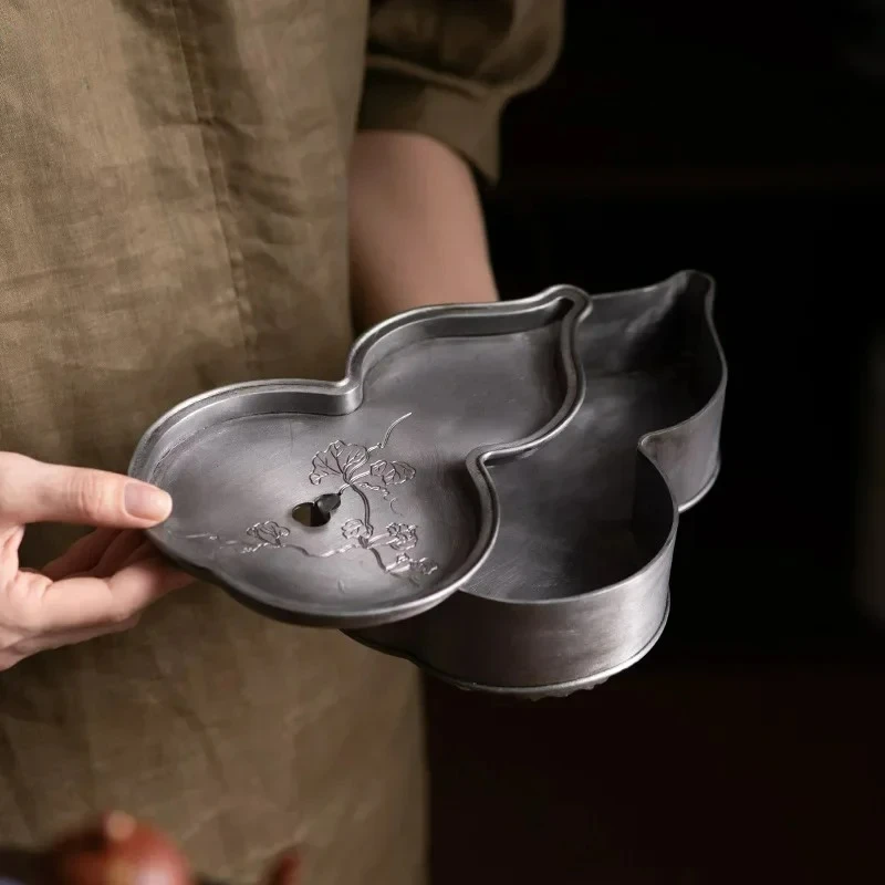 Gourd Ancient Tin Old Pot Tray Retro Kung Fu Dry Pour Table Tea Plate Pot Water Drop Container Tea Tray Mat Water Storage