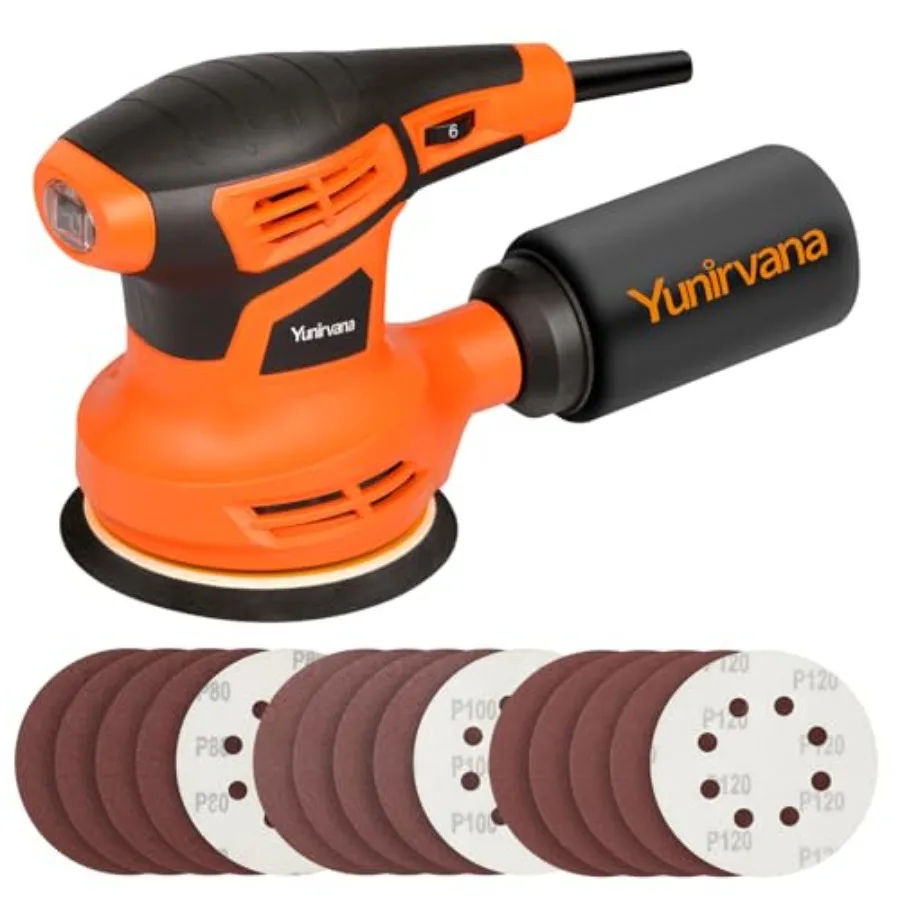 

Orbital Sander, 2.4Amp 13000 OPM Random-Orbit Sanders 6 Variable Speeds with 15Pcs Sanding Discs 125mm, Electric Sander with Du
