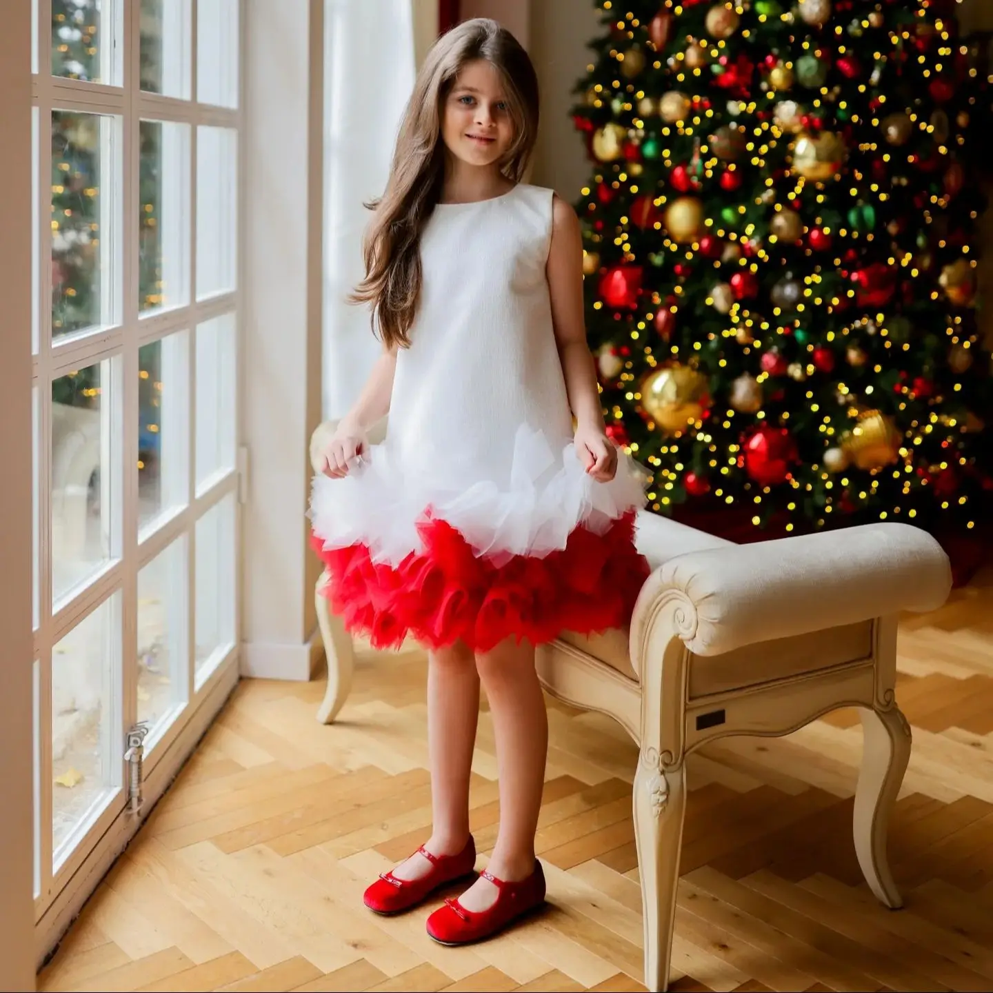 

White Red Flower Girl Dress Knee Length Princess Kids Christmas Wedding Birthday Party Pageant Formal Gown