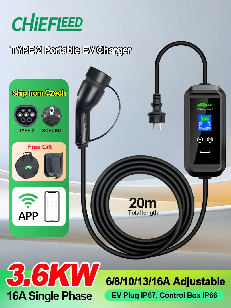Chiefleed Tragbares 16A 3,6KW EV-Ladegerät Typ 2 mit Zeitverzögerung 1-15 Stunden, Tuya APP WLAN-Steuerung, Ladezeit-Set, für Elektrofahrzeuge, 20M Kabel, Schuko-Stecker für EU