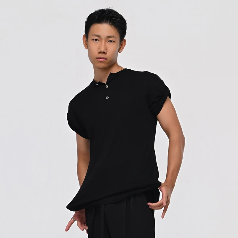 Top da ballo latino da uomo maniche corte piccolo scollo a V maglietta nera Rumba Cha Cha abbigliamento da allenamento top per pratica professionale BL16955