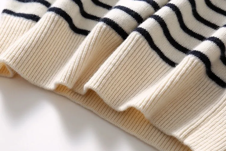 French crew-neck sweater Women's half-open neck breasted horizontal striped long sleeve pullover cashmere sweater loose knit top