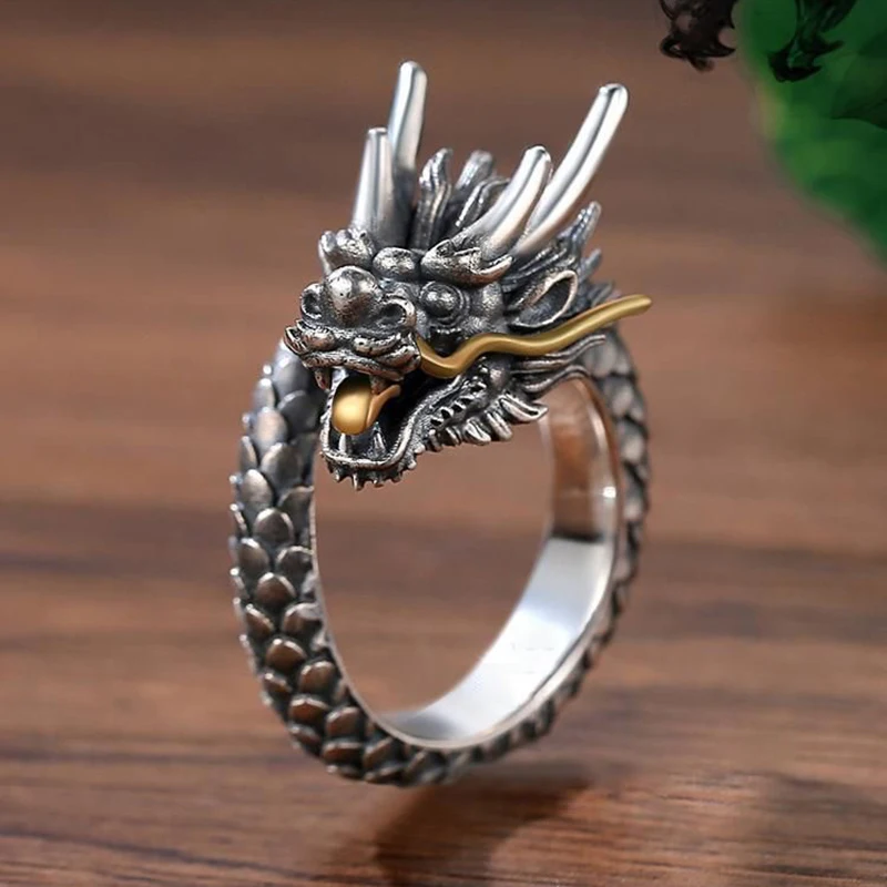 3D Carved Vintage Dragon 925 Silver Ring Men Adjustable Size Opening Finger Wrap Ring For Boyfriend Party Domineering Gifts