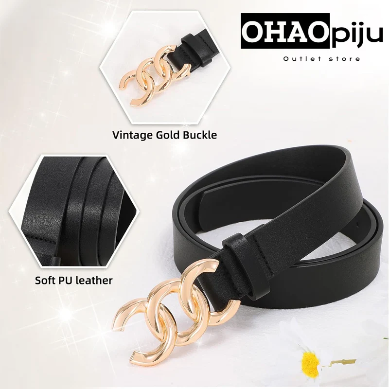 2024New Luxury Gold Buckle Genuine Leather Belt Women Fashion Cowskin Thin Metal Black White Belts Female Jeans Dress Waistband