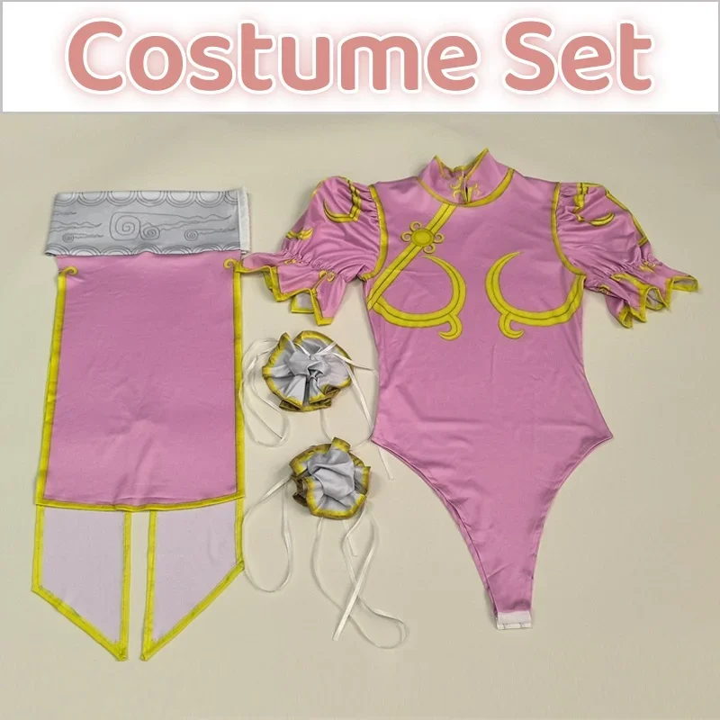 زي Game Fighter Chun Li التنكري الوردي شيونغسام مع إكسسوارات الشعر وحزام الخصر للنساء في الهالوين #5