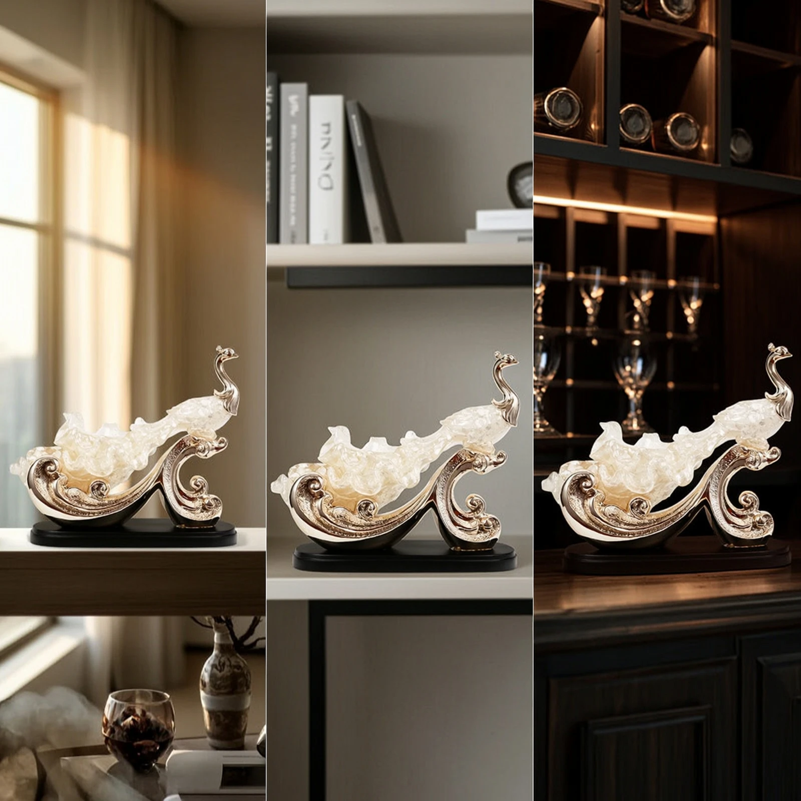 Peacock Figurine Translucent Sculpture with Base Phoenix Statue Lustrous-Look Peacock Statue Horizontal for Homeowners - view 6
