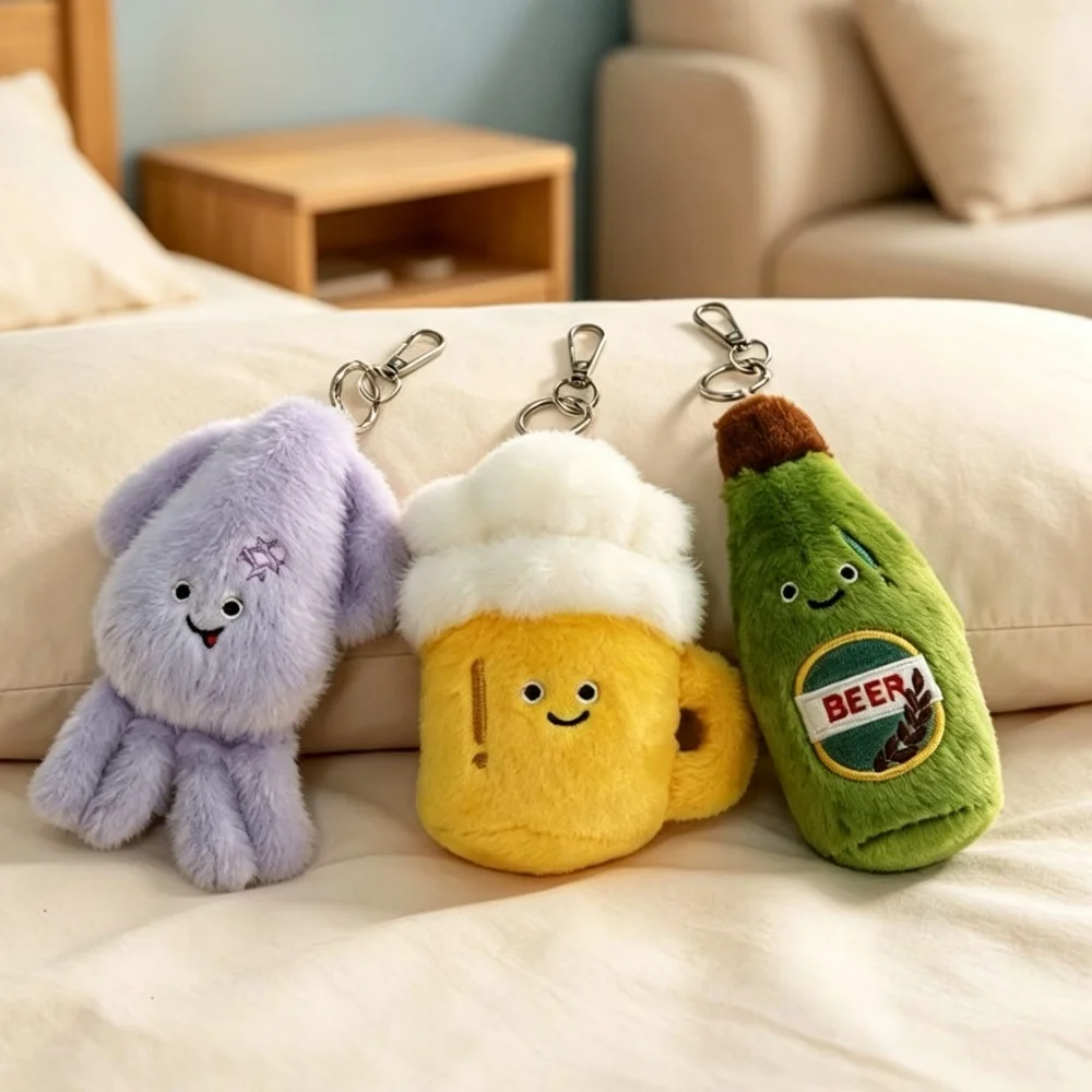 Creative BBQ Series Plush Keychain Pendant Cartoon Beer Squid Stuffed Doll Bag Charm Home Decor