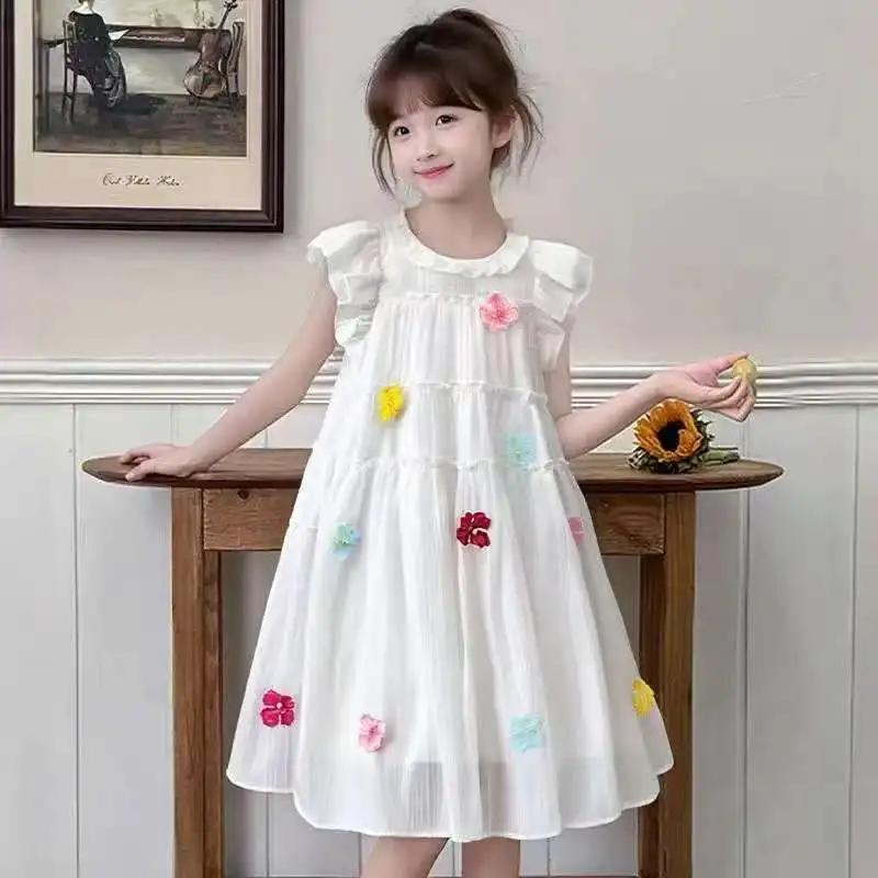 Girls Dress Three Dimensional Flower 2026 New Summer Baby Girl Princess Fashion Style Big Children Summer Dress Kids Clothes