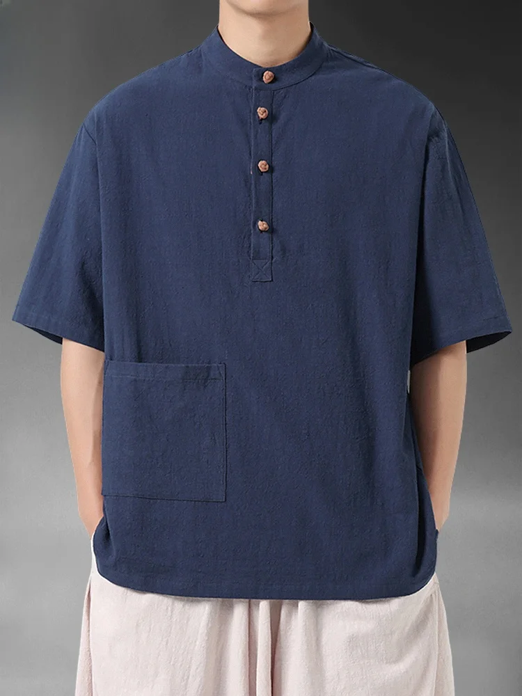 

Summer New Chinese Sle Men's Loose Fit ort Sve irt Stand Collar Retro Guangzhou Sle Casual Cotton Traditional Costume