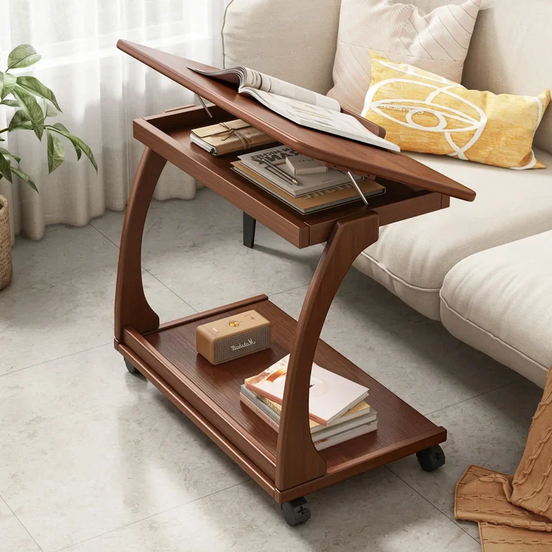 Wood Corner Tea Bedside C Shaped Sofa Bed Snack Coffee Side Table with Rolling Wheels for Small Spaces Living Room Bedroom