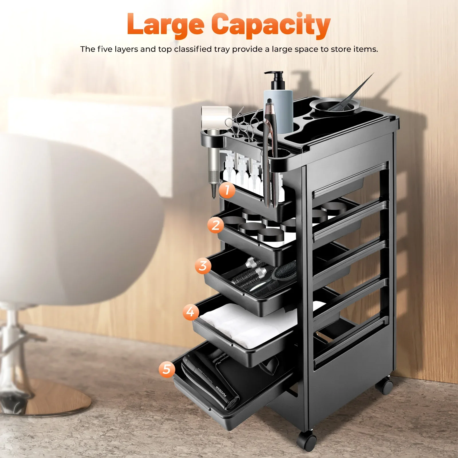 

Hair Salon Trolley 5 Drawer Rolling Cart Hair Dye Lifting Rack Storage Organizer for Salon Barber Shop Tools Accessories Mobile