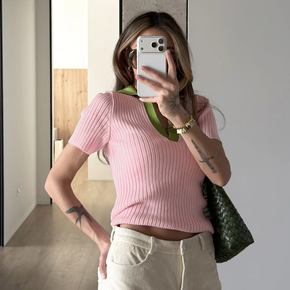 Summer Top Y2k Basic Versatile T-shirt For Women Elegant Women's Knitted T-shirt Women's Color Blocking Short Sleeve Polo Shirt