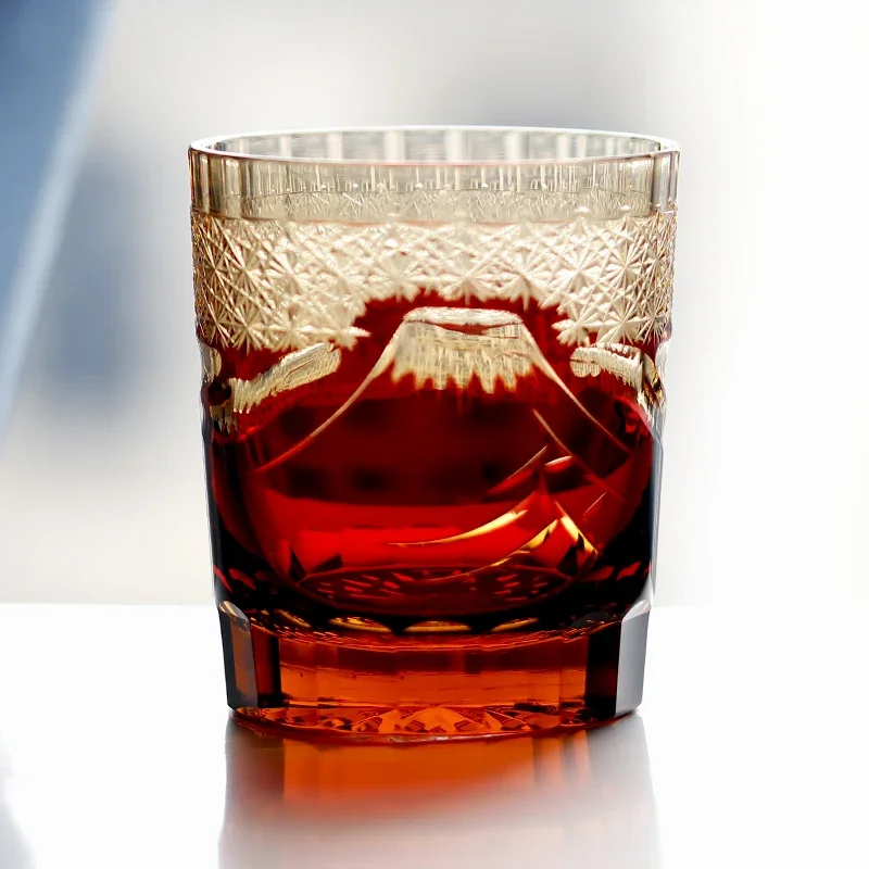 Japanese Edo Kiriko Fuji Mountain Hand Cut To Clear  Whiskey Glass Blue Green Black Red 9oz With Gift Box Free Shipping