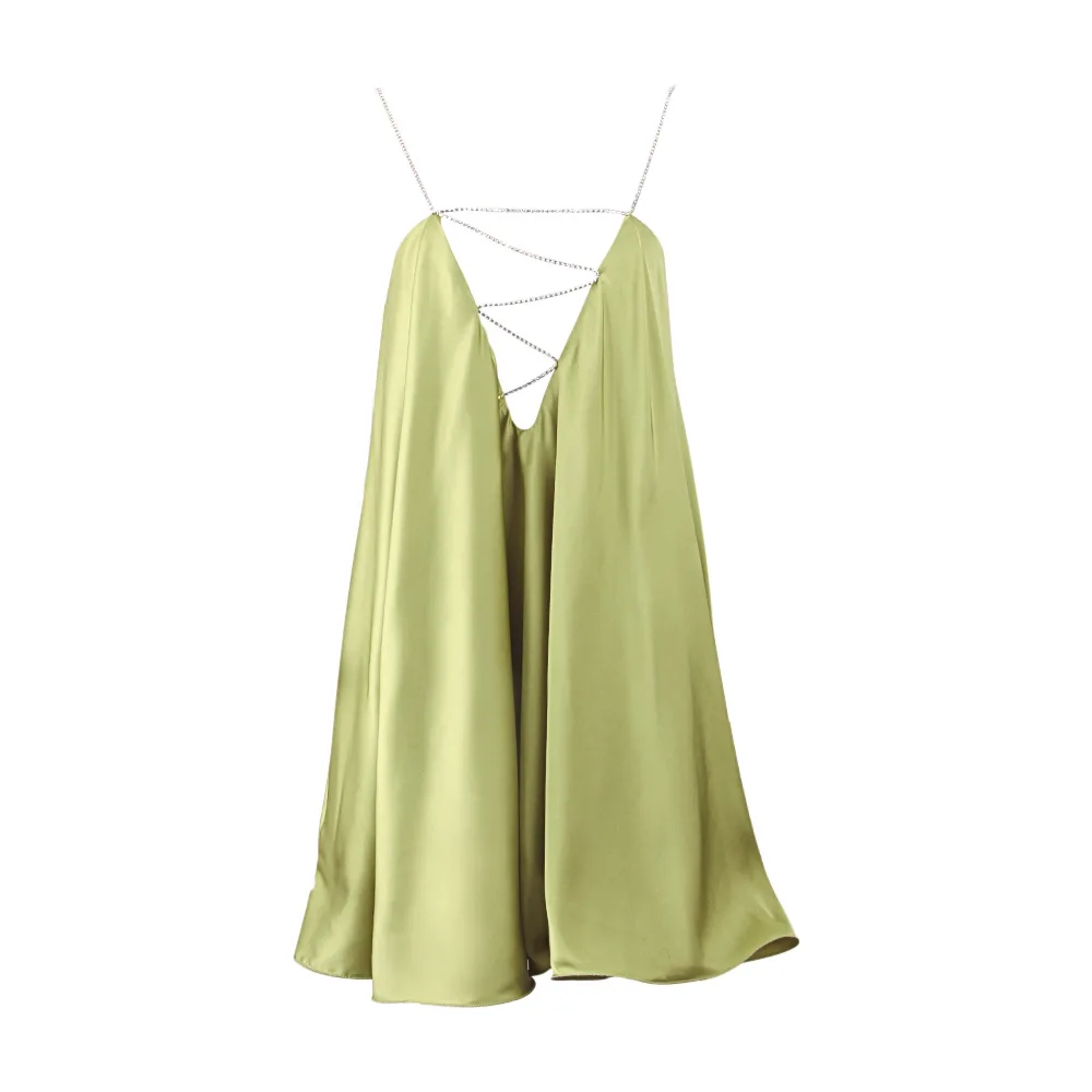 فستان ساتان مثير بياقة على شكل V وظهر مكشوف مع حزام سلسلة مرصع بالألماس، تصميم فضفاض بمقاسات كبيرة، فستان قصير عصري، فستان نس...