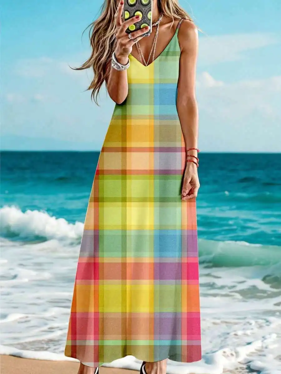 

Women Sleeveless Rainbow Plaid Maxi Dress Summer Beach Vacation Casual Long Dress